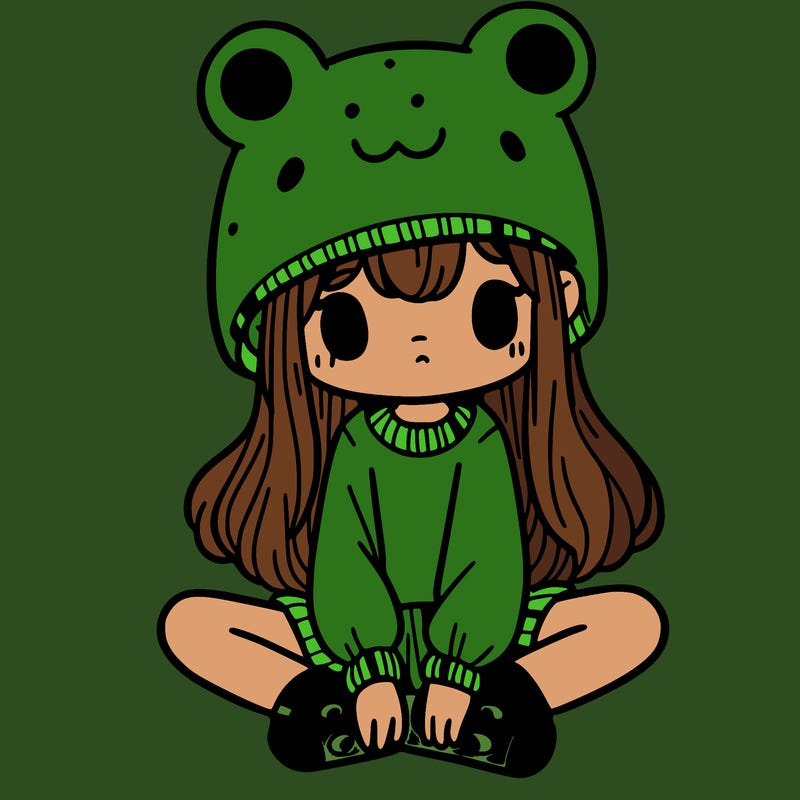 a girl wearing a frog hat and some frog socks