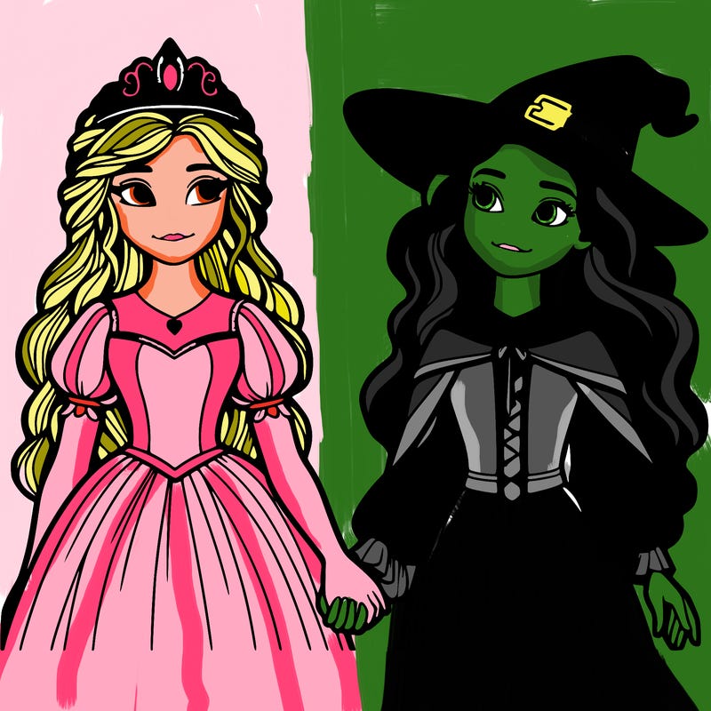 a princess and a witch holding hands realistic