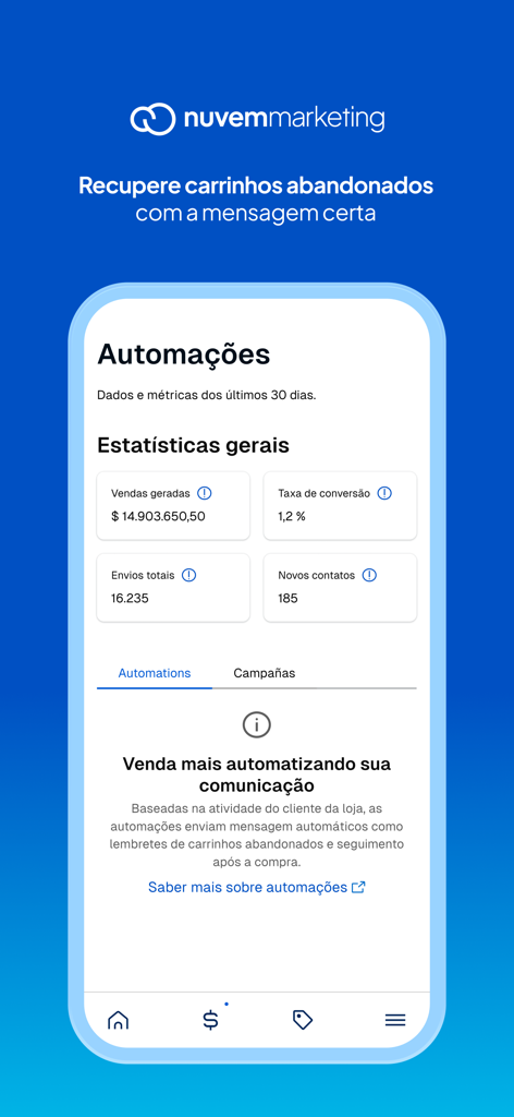 Nuvemshop app screen showing marketing automation statistics and abandoned cart recovery features.