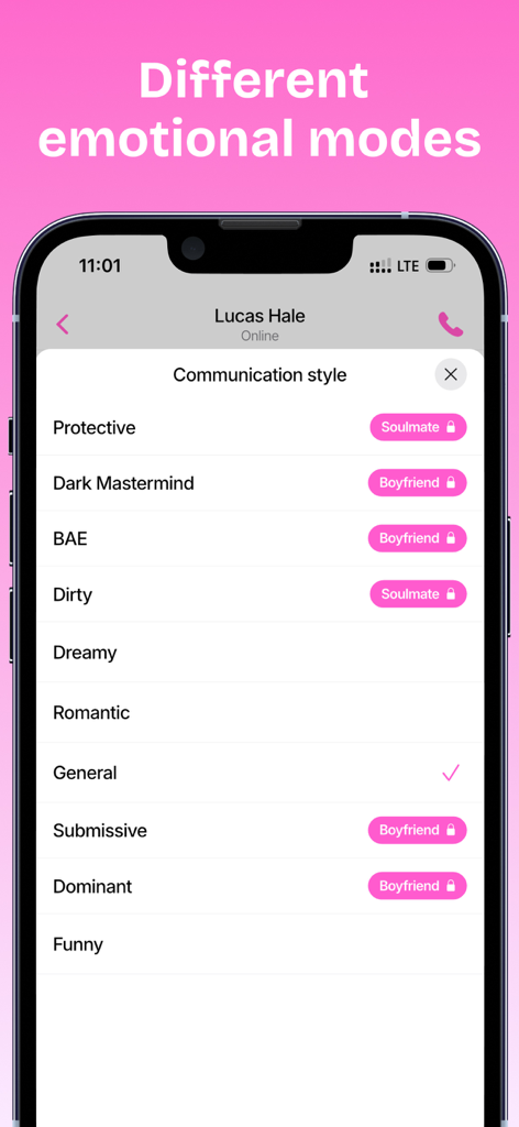 AI Boyfriend Chat - Husby - A menu in the Husby app titled Communication style displaying different emotional modes for an AI boyfriend like Romantic Protective and Dreamy