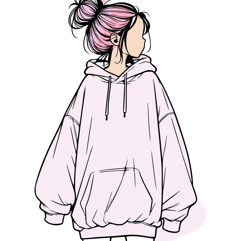 realistic girl with a oversized sweatshirt on and a bun