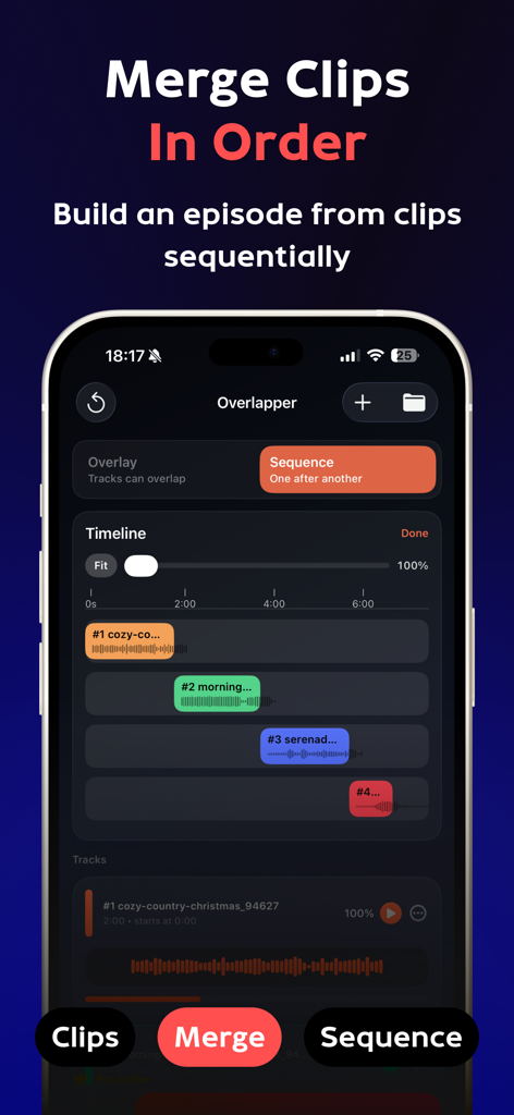 Interfaz de aplicación móvil que muestra clips de audio secuenciales organizados en una línea de tiempo para crear un episodio.
