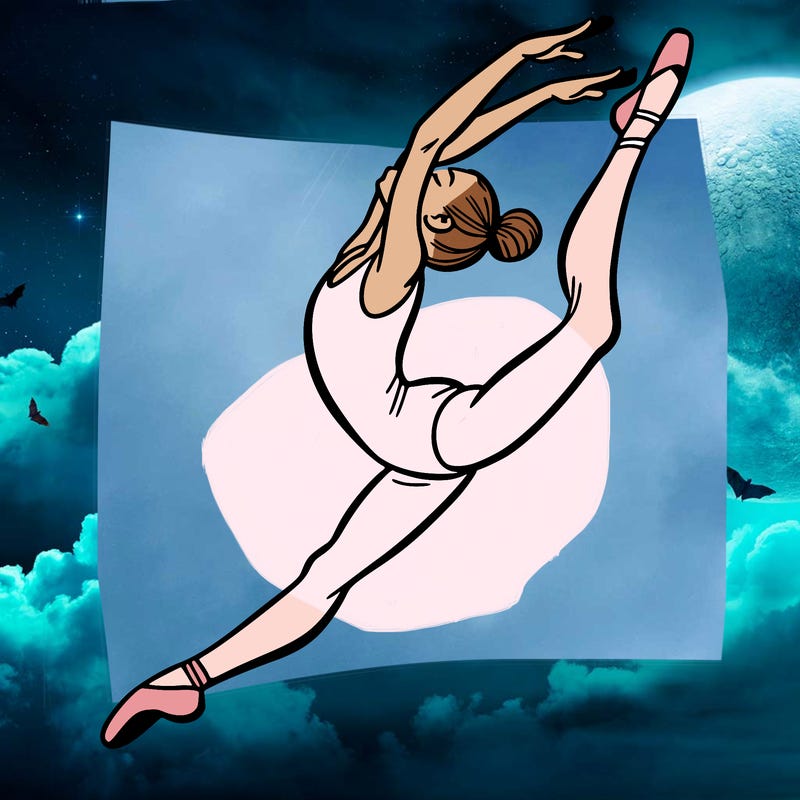 gymnast doing a leap in a leotard with a bent back leg