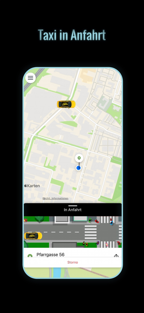 Taxi 40100 zum Fixpreis fahren - Echtzeit-Kartenverfolgung eines Taxis, das sich dem Abholort in der Taxi 40100 App nähert