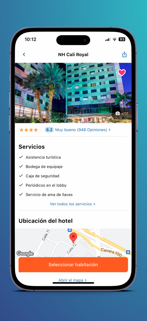 TiquetesBaratos - TiquetesBaratos mobile app screen showing hotel details for NH Cali Royal with room selection button