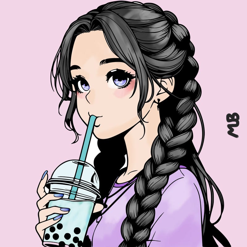 realistic girl with braided hair drinking boba