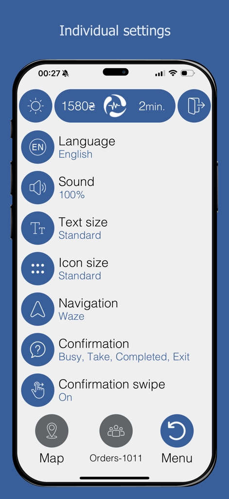 RegSat - A tela de configurações individuais do aplicativo de motorista RegSat mostrando opções de personalização para idioma, navegação e exibição