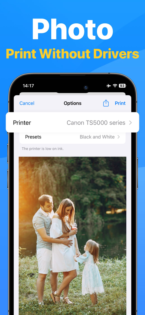 A screenshot of the Smart Printer App interface showing how to print a family photo from an iPhone to a wireless Canon printer without needing drivers.