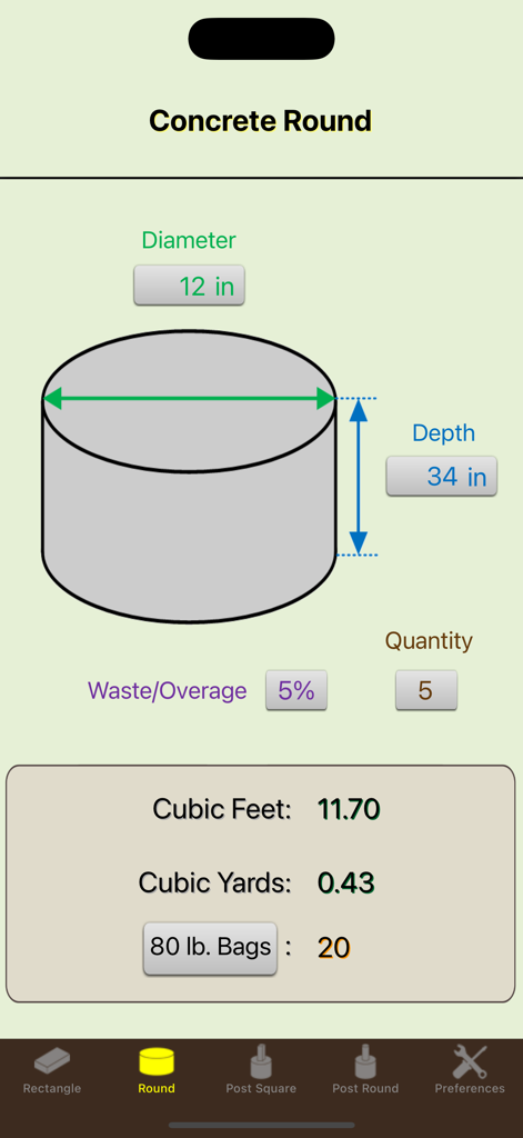Round concrete volume calculation showing required number of 80lb bags