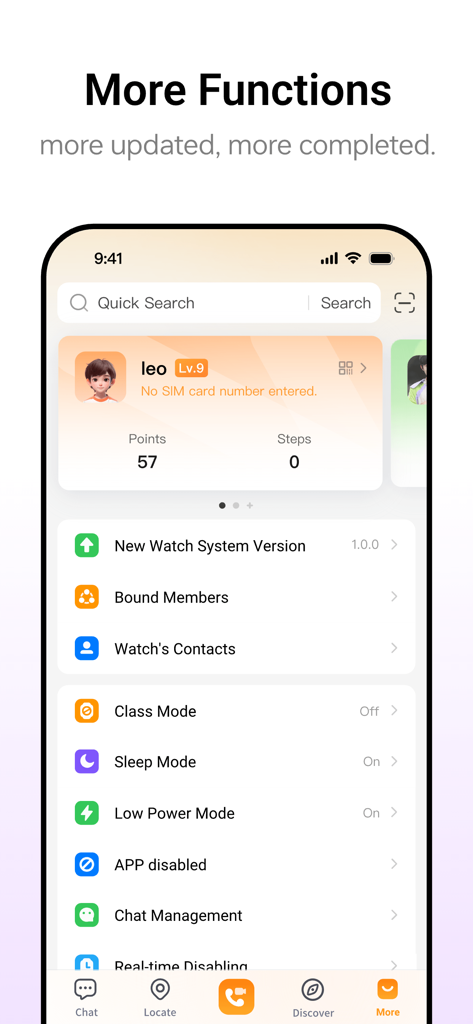 imoo Watch Phone - A smartphone screen displaying the imoo Watch Phone app dashboard with parental control settings and activity tracking for a child.