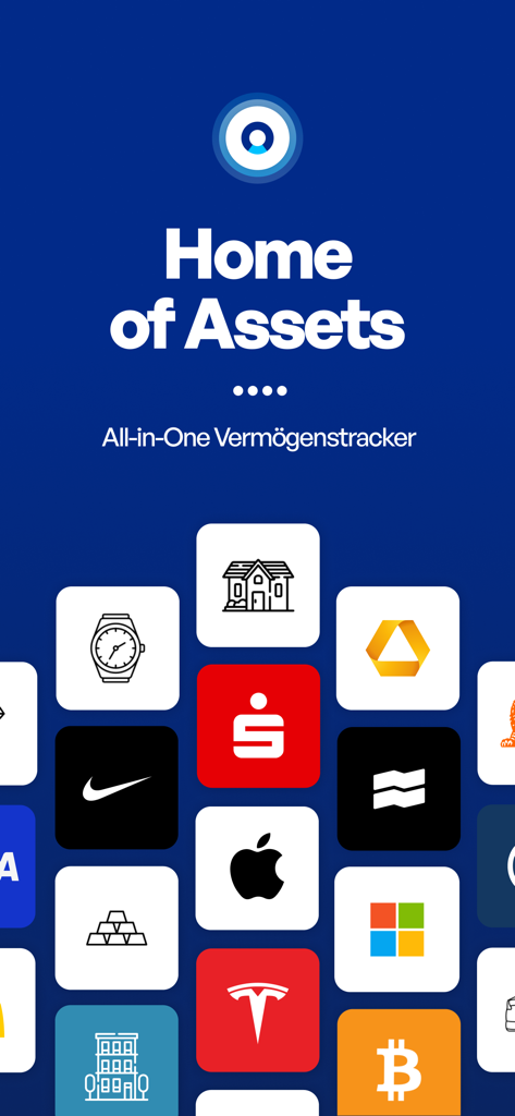 Holistic Portfolio Tracker - Holistic Portfolio Tracker mobile app screen displaying diverse asset icons for stocks, crypto, real estate, and luxury goods