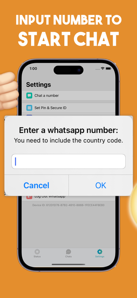 WA Web by Mirror Chat - Una pantalla de aplicación móvil que muestra un aviso para ingresar un número de WhatsApp e iniciar un chat sin guardarlo en los contactos