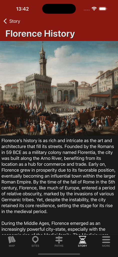 Florence Tour - Travel Guide - La sección de historia de la aplicación Florence Tour que presenta una pintura clásica de una plaza histórica.