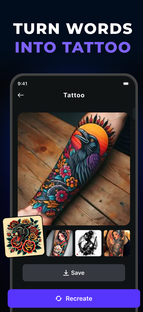 Screenshot dell'app AI Tattoo Generator che mostra un design colorato di un corvo su un avambraccio.