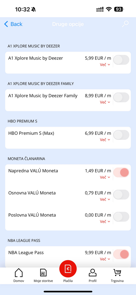 Moj A1 - List of subscription options in the Moj A1 app showing prices for Deezer HBO and NBA League Pass