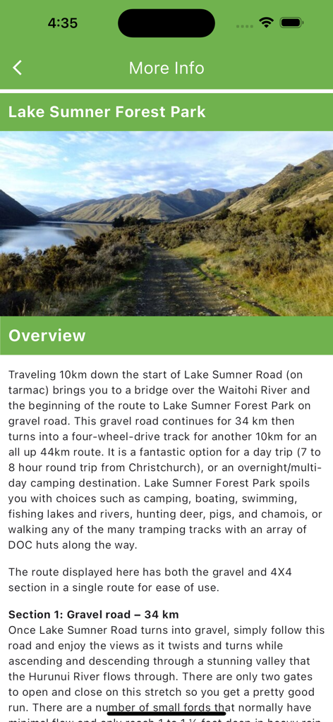 Aplicación Adventure Guide Navigator que muestra detalles de ruta para el Parque Forestal Lake Sumner