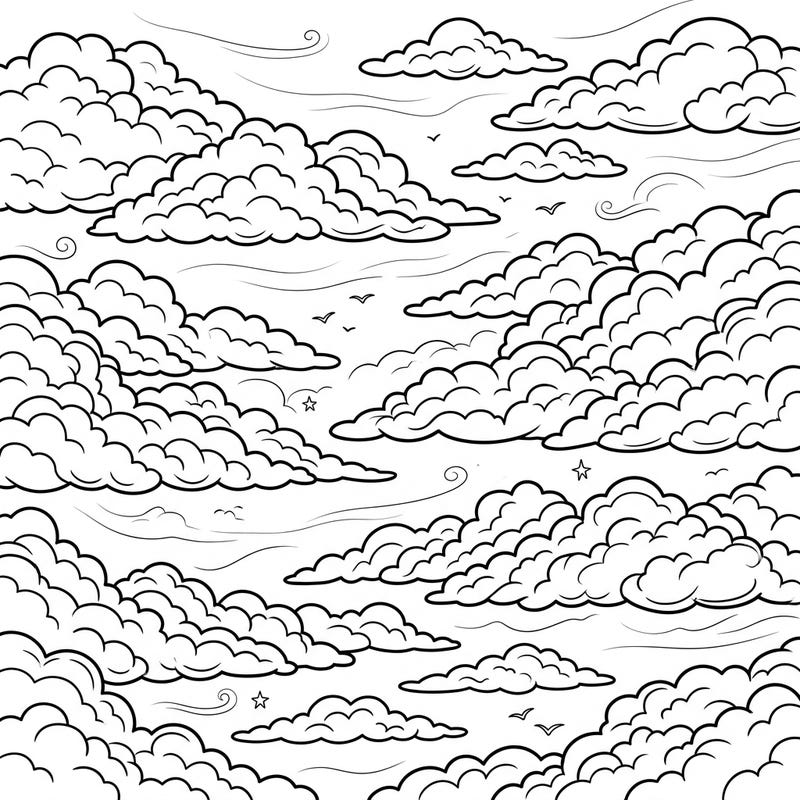 Drift away with our intricate Stratocumulus Clouds coloring page, perfect for anyone fascinated by atmospheric beauty. This detailed design invites you to explore the unique textures and patterns of these captivating cloud formations.