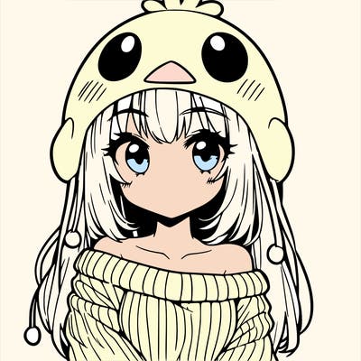 anime girl with chick shaped hat with sweater with bare shoulders with bangs covering them one eye with low tail