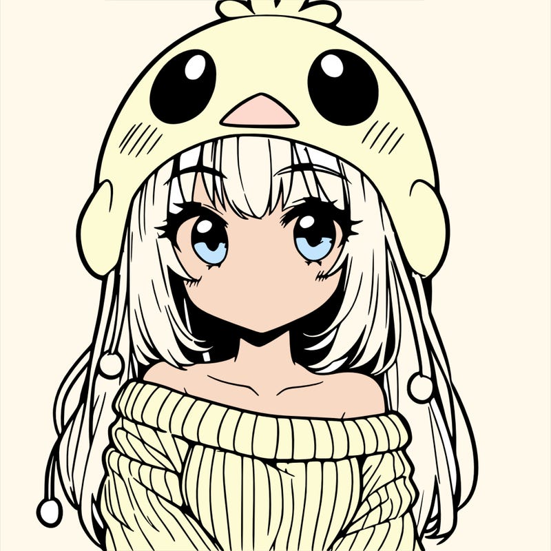 anime girl with chick shaped hat with sweater with bare shoulders with bangs covering them one eye with low tail