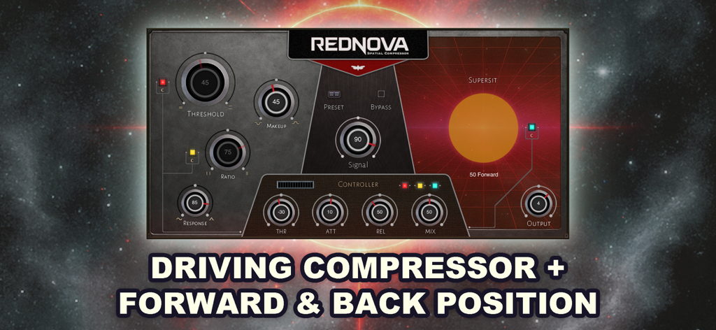 Interfaz del compresor espacial RedNova con perillas de control de audio y una esfera visual para el posicionamiento espacial