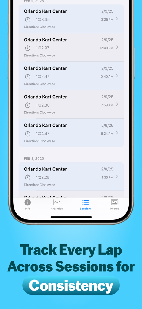 KartTrackerAI - 올랜도 카트 센터에서의 고카트 레이싱 세션 및 랩 타임의 연대기 목록을 보여주는 모바일 앱 화면