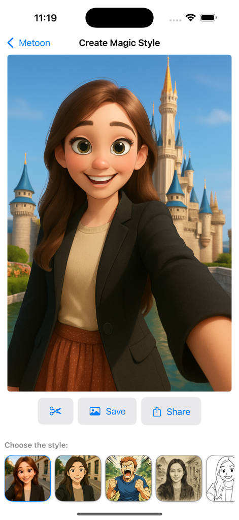 Metoon: Cartoon Photo Editor - Una mujer transformada en un personaje de dibujos animados frente a un castillo usando el editor de fotos IA de Metoon