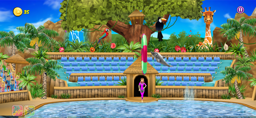 My Dolphin Show - A dolphin performing a trick by jumping through a colorful hoop in a tropical safari stadium.