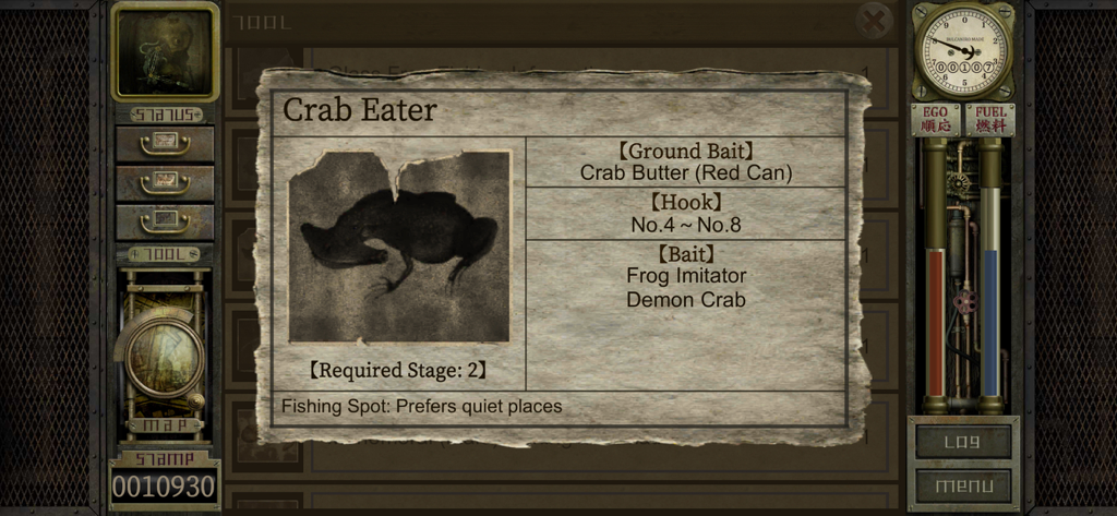 Garage: Bad Dream Adventure - A creature information card for the Crab Eater in Garage Bad Dream Adventure showing fishing requirements and bait types