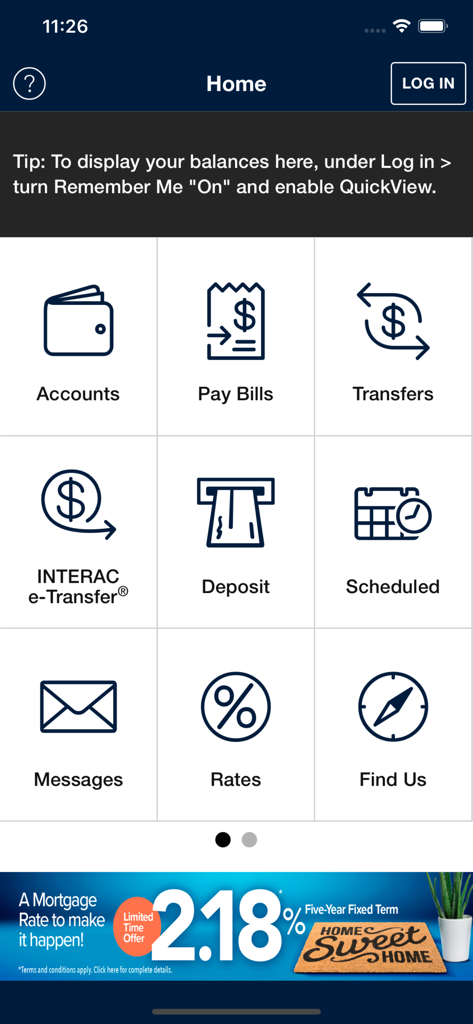 WFCU Banking - Panel de la aplicación móvil WFCU Banking que muestra iconos para cuentas, pago de facturas, transferencias e Interac eTransfer