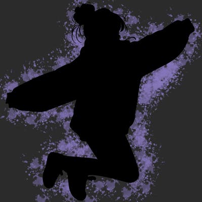 realistic girl jumping with a bun and oversized sweatshirt