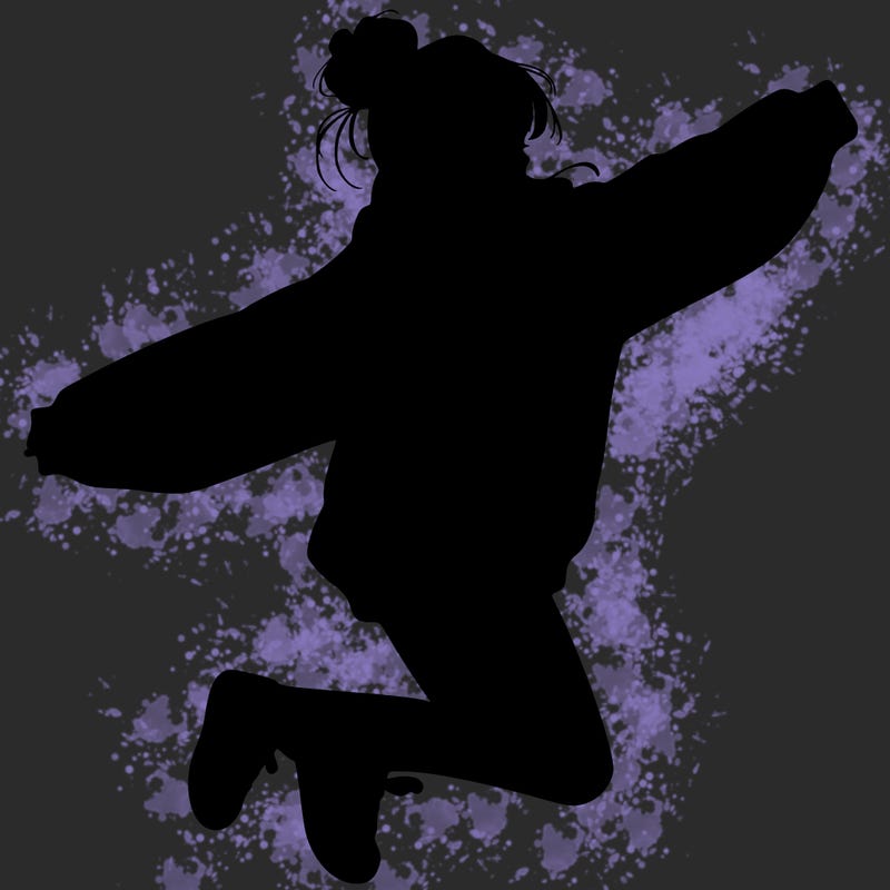 realistic girl jumping with a bun and oversized sweatshirt