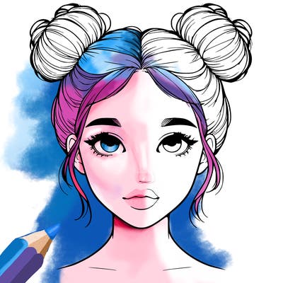realistic girl with two buns on top of her head