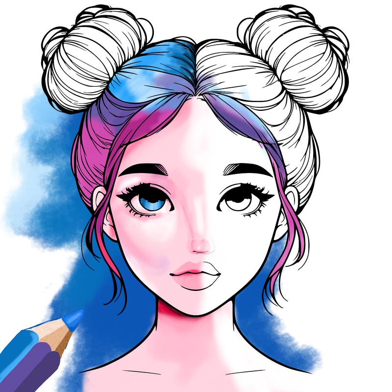 realistic girl with two buns on top of her head