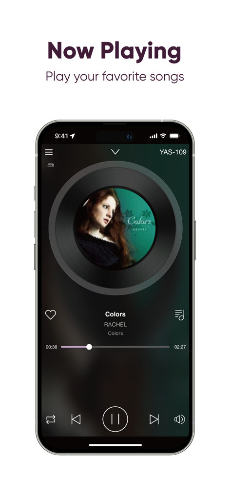 Sound Bar Controller - Music playback interface of the Yamaha Sound Bar Controller app showing current song and controls