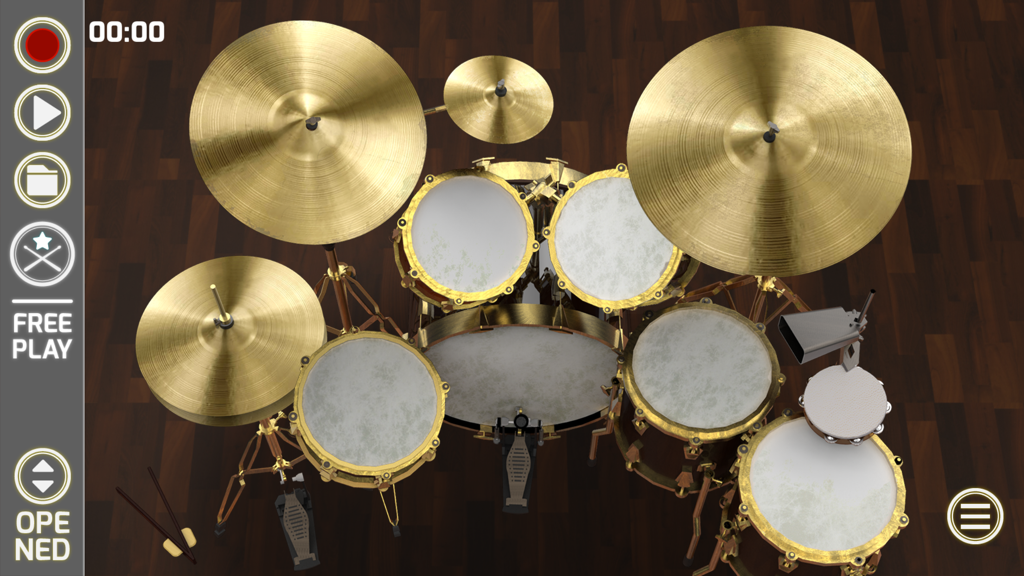 Top-down view of a realistic virtual drum kit on a dark wooden floor with menu options