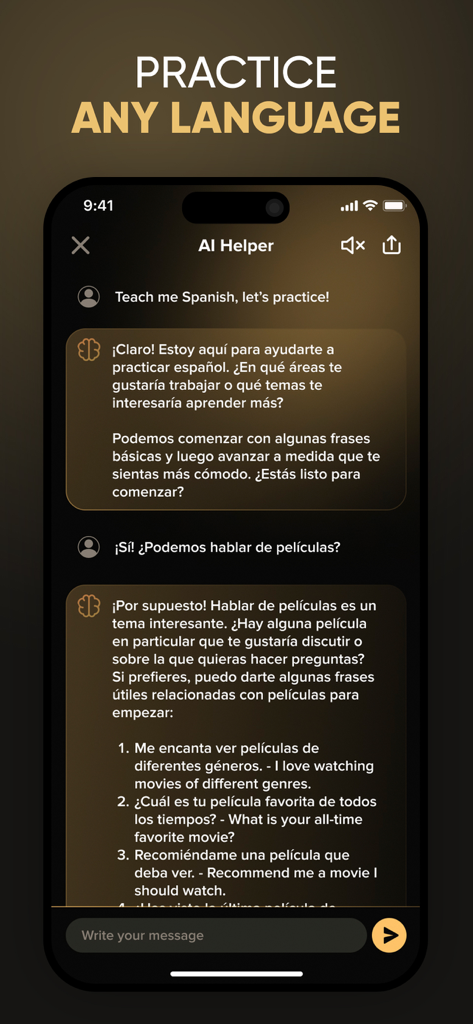 Interfaccia di chat AI per praticare la conversazione in lingua spagnola e imparare.
