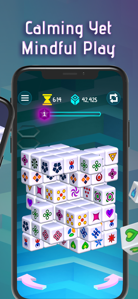 Mahjong Dimensions - 3D Cube - A 3D Mahjong cube puzzle game with colorful tiles on a smartphone screen