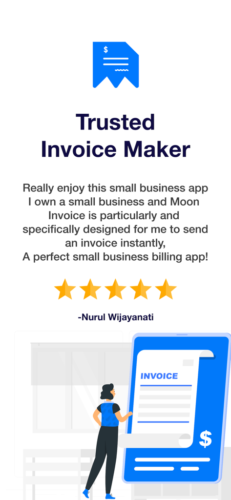 Témoignage d'utilisateur cinq étoiles pour l'application Moon Invoice la décrivant comme un outil de facturation parfait pour les petites entreprises