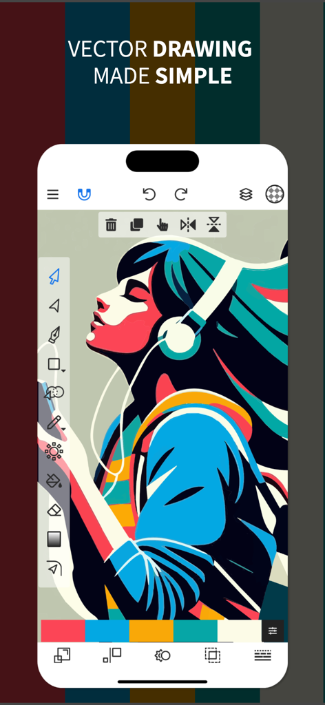 Vector Drawing & Logo Design - Vector drawing mobile app showing a colorful illustration of a person with headphones being edited on a phone screen