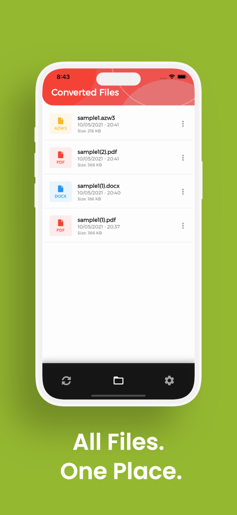 EPUB Converter, EPUB to PDF - Mobile app screen showing a list of converted files in different formats including PDF, AZW3, and DOCX