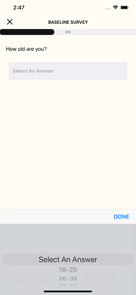 ExpiWell - Mobile screen showing an age selection survey question in the ExpiWell app