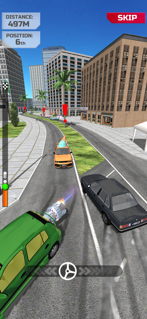 Overtake Race Masters - 3D racing gameplay from Overtake Race Masters showing a green car with a jet booster on an urban track