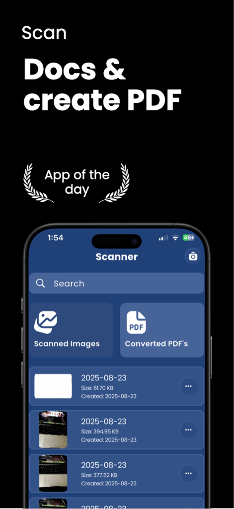 PDF-X - Interface do aplicativo PDF-X mostrando o recurso de scanner e uma lista de documentos digitalizados.