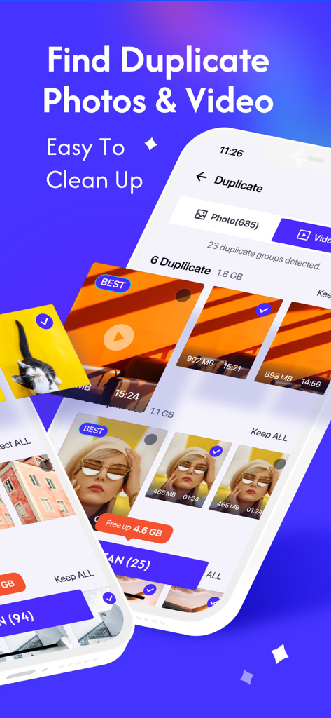 Cleaner Mate Pro-Storage Boost - Screenshot of Cleaner Mate Pro app showing the duplicate photo and video detection interface