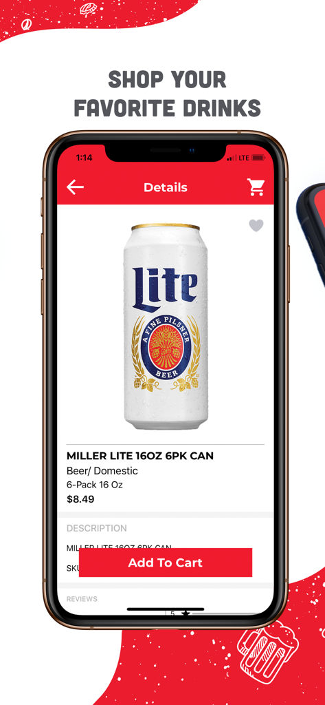 Screenshot of BottleRover app showing product details and price for a six pack of Miller Lite beer