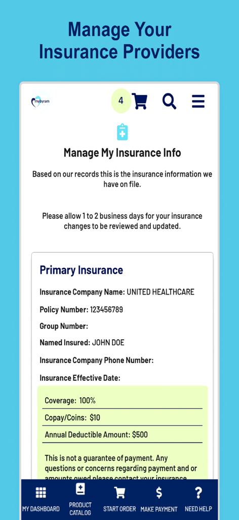 A mobile screen showing primary insurance information including provider name policy number and coverage details within the mybyram app