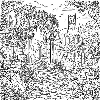 Explore the beauty of decay with this intricate yet easy-to-color ruins template. Designed specifically for seniors, it features large print and clear lines to ensure a relaxing and enjoyable creative experience.