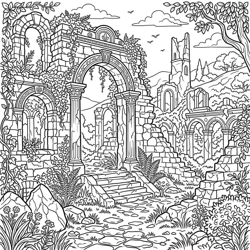 Explore the beauty of decay with this intricate yet easy-to-color ruins template. Designed specifically for seniors, it features large print and clear lines to ensure a relaxing and enjoyable creative experience.