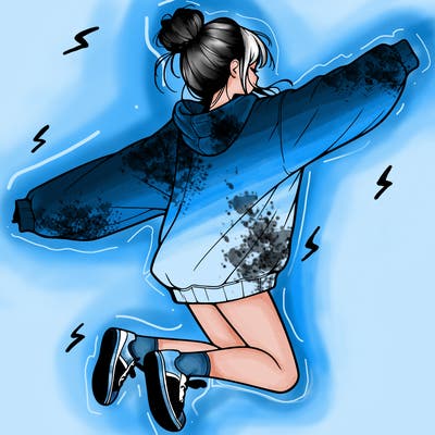 realistic girl jumping with a bun and oversized sweatshirt