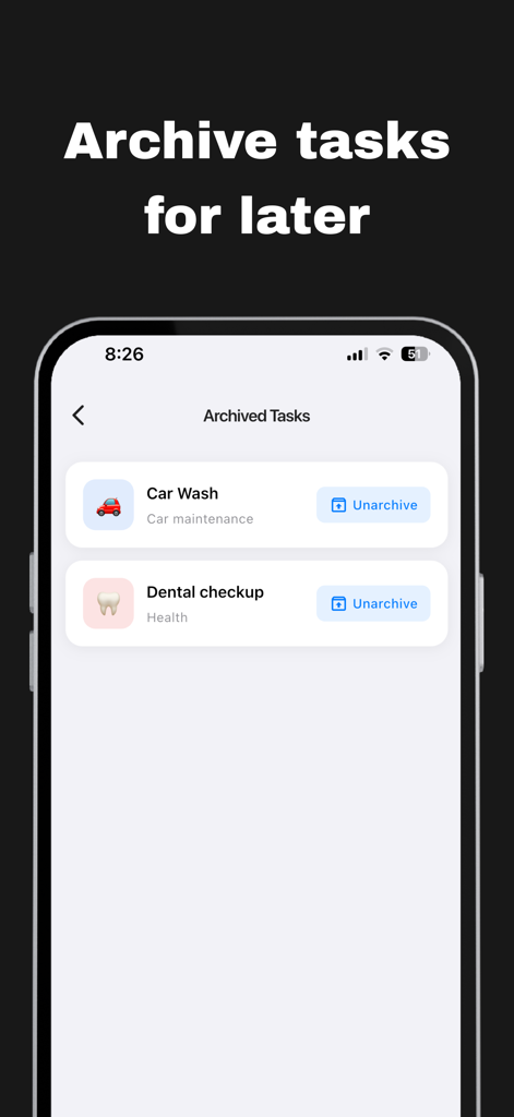Recurro - A screen showing archived tasks in the Recurro app for car maintenance and health routines.